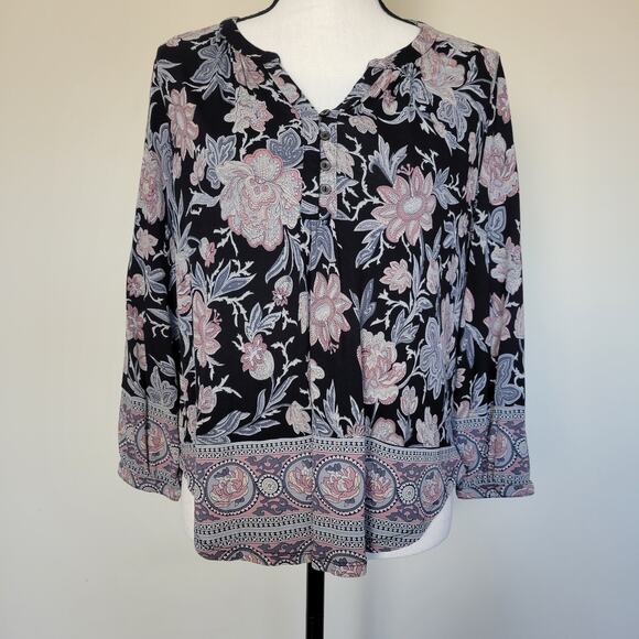 Lucky Brand Tops - Lucky Brand M Peasant Top V-Neck 4 Button Front Long Sleeve Floral Boho